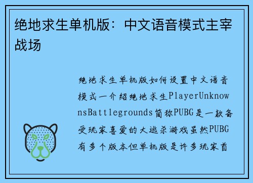 绝地求生单机版：中文语音模式主宰战场